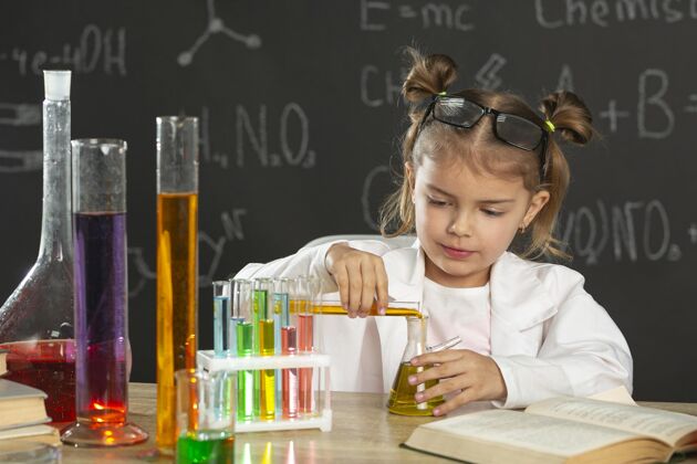 科学家在实验室做测试的女孩科学孩子防护眼镜