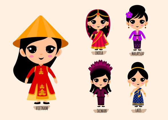 传统集人们在传统亚洲服饰中的卡通人物 男女民族服饰的集合理念 孤立的平面插画多样性文化皇室