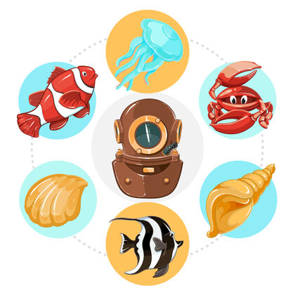 深卡通水下生活的概念与潜水员头盔水母贝壳和螃蟹在彩色圆圈插图收集海洋自然