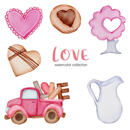收集套大孤立的水彩情人节概念元素可爱浪漫的红粉心形装饰 插画水彩情人节糖果