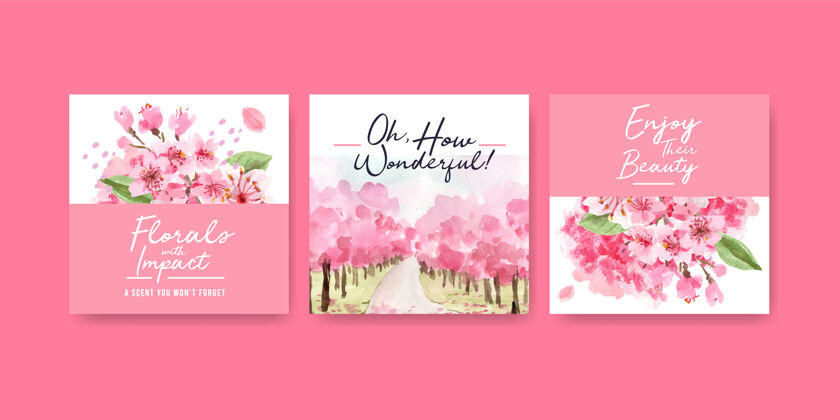 装饰广告模板与樱花概念设计的商业和营销水彩插图亚洲樱花水彩
