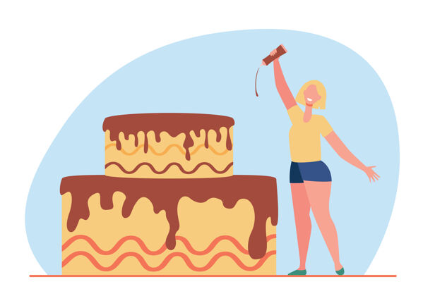 烹饪快乐的小女人用巧克力给蛋糕上釉卡通插图节日烹饪糕点