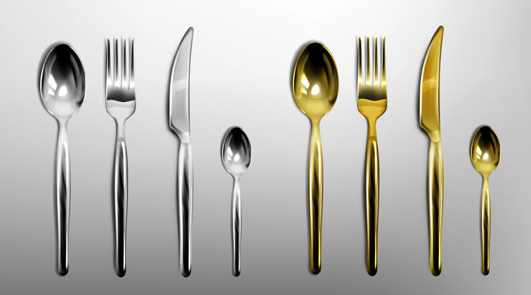 豪华金色和银色的三维餐具叉 刀 勺子和茶匙早餐现实桌子