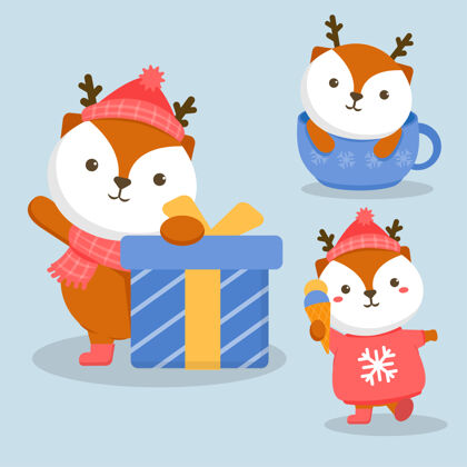 帽子动物性格狐狸与礼品盒插图人物盒子礼物