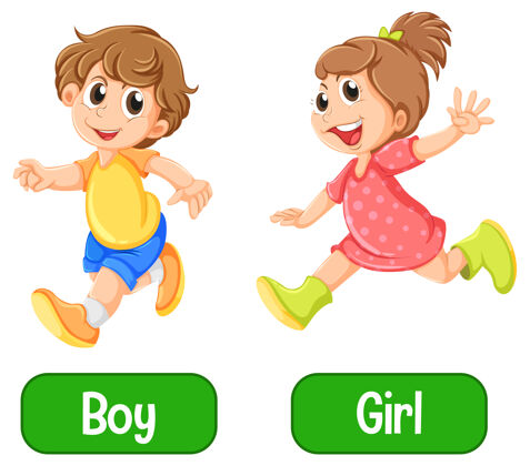 对象相反的形容词与男孩和女孩的白色背景相反女孩比较