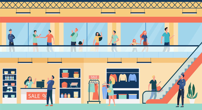 室内人们购物在城市商场平面插图卡通买家走进商业大厦或商店卡通场景中心