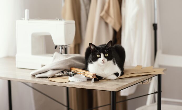 卧式前视图裁剪工作室与猫和缝纫机衣服服装猫