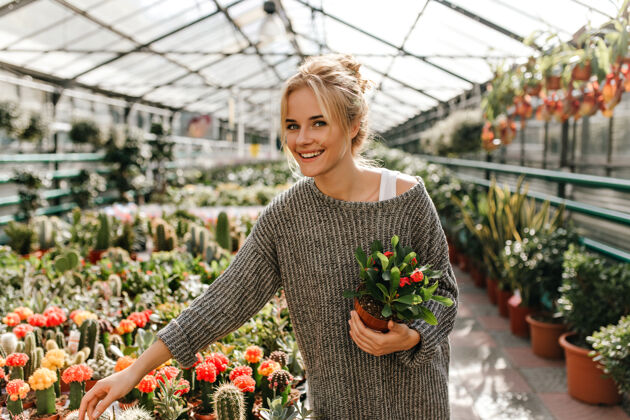 表情开朗的女人穿着超大号针织连衣裙在植物店挑选仙人掌的快照花女性公园