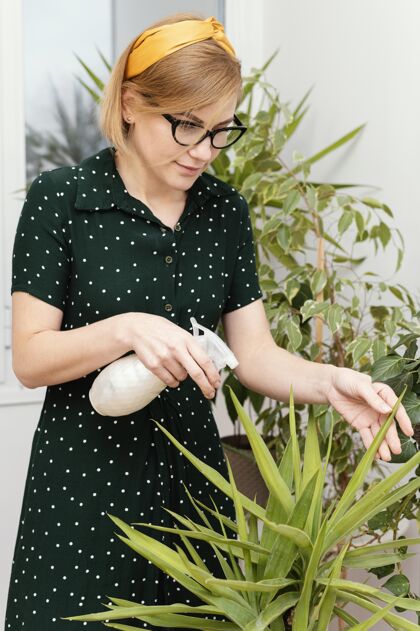 生长中等身材的女人在浇花室内植物生长花园