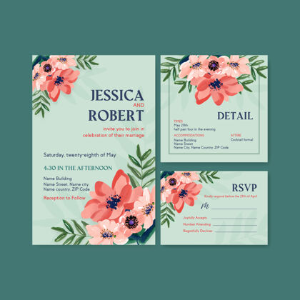 画笔婚礼卡片模板与毛笔花卉概念设计的邀请和结婚水彩画背景婚礼自然