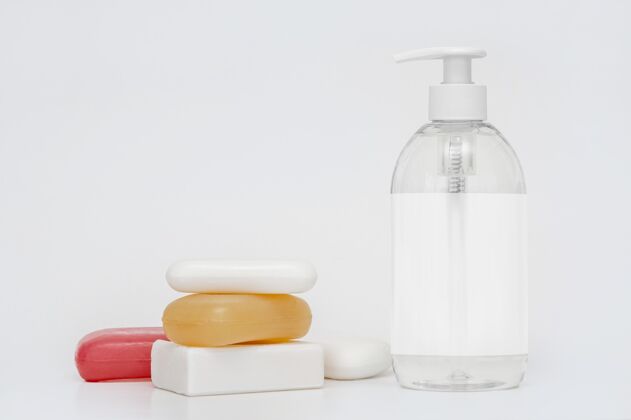 防腐剂肥皂条和肥皂瓶的前视图包装模型塑料