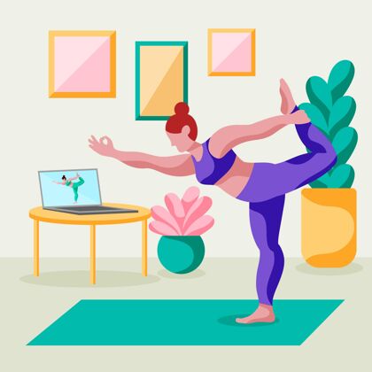 健身房做在线体育课的女人姿势冥想插图