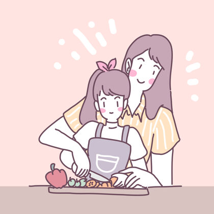 女士矢量平面插图与一个女孩谁在厨房做饭健康制服美味