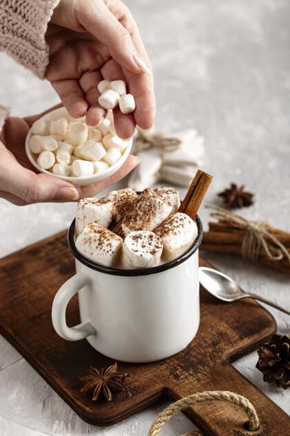 季节近距离观看美味的热巧克力冬季饮料肉桂棉花糖