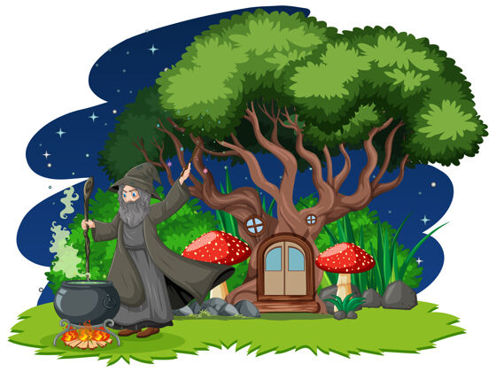 房子巫师与黑魔壶和树屋卡通风格的黑暗森林魔法卡通魔术师