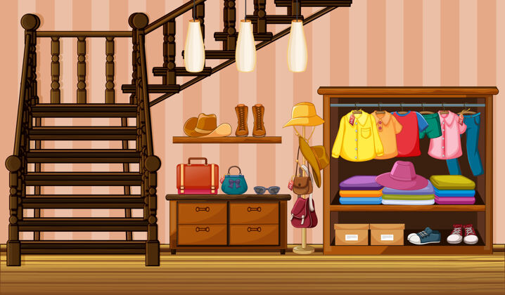 楼梯衣服挂在衣柜里 有很多配饰在家里的场景挂插画烘干