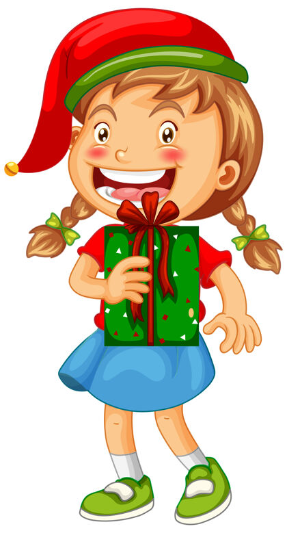行为戴着圣诞帽拿着礼品盒的可爱女孩卡通小学生小