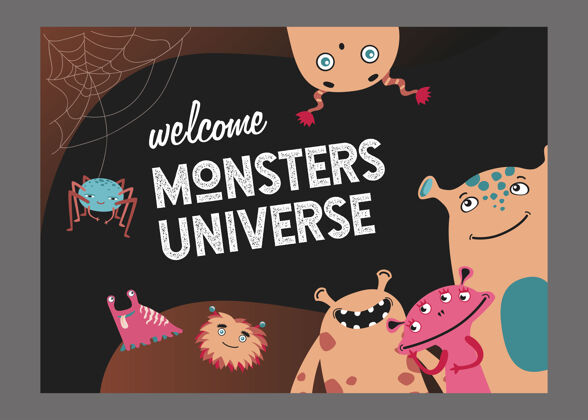 孩子怪物宇宙网页封面设计可爱有趣的生物或野兽矢量插图与文字显示为儿童海报或网站背景模板的概念插图彩色文本
