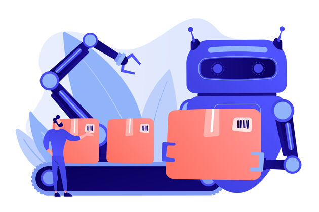 粉色机器人代替人用传送带上的箱子和机械臂工作人工替代 人与机器人 机器人人工控制概念调色板叙事故事