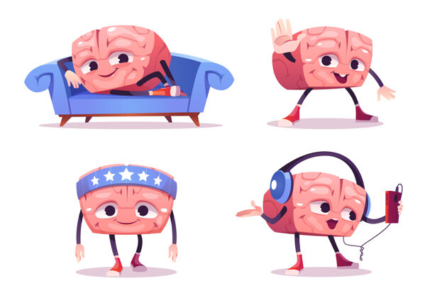 听可爱的大脑角色在不同的姿势一套卡通聊天机器人 有趣的人脑放松在沙发上 运动训练和听音乐耳机创意表情集 智能吉祥物锻炼运动面部
