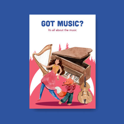 乐器海报模板与音乐节概念设计宣传册和营销水彩矢量插图娱乐音乐节日