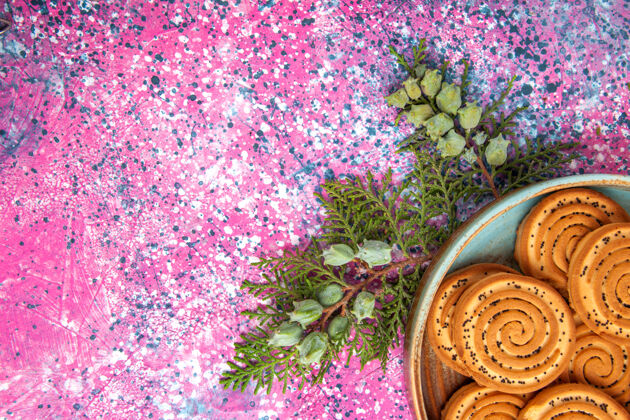 甜味顶上近距离看到甜饼干美味的小饼干在淡粉色的桌子上小顶部蛋糕