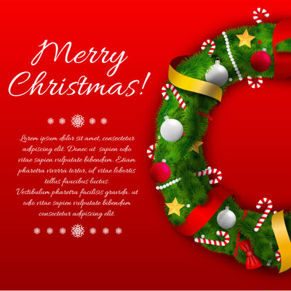 布局装饰庆祝模板与绿色花环文本丝带鞠躬圣诞饰品和糖果的红色杉木礼物圣诞