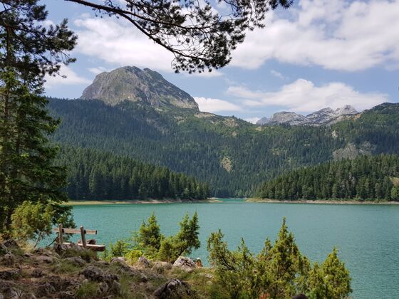 森林黑山的阳光下 黑色的湖面被岩石环绕 绿树成荫公园山岩石