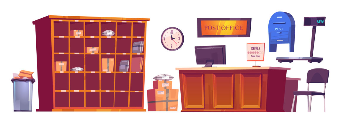 插图邮局内部用品 带电脑和时间表的家具接待台 时钟 架子上的包裹和秤 邮箱和垃圾箱送货服务邮资卡通矢量插图套装柜台室内时间表