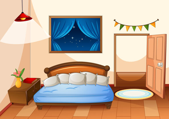 卡通卧室卡通风格的夜景床灯光枕头