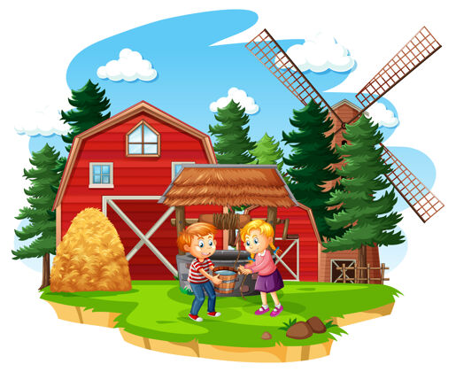 女孩白色背景上有红色谷仓和风车的农场农田磨坊桶