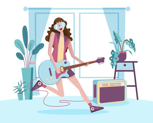 聚会年轻的音乐家在家里快乐地弹吉他parties.illustration平展的风格吉他手内容女人