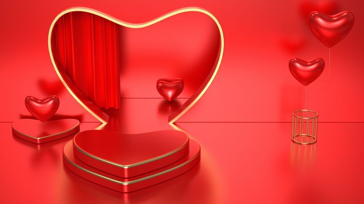 物体三维浪漫的红色渲染与心脏台模拟显示爱概念渲染