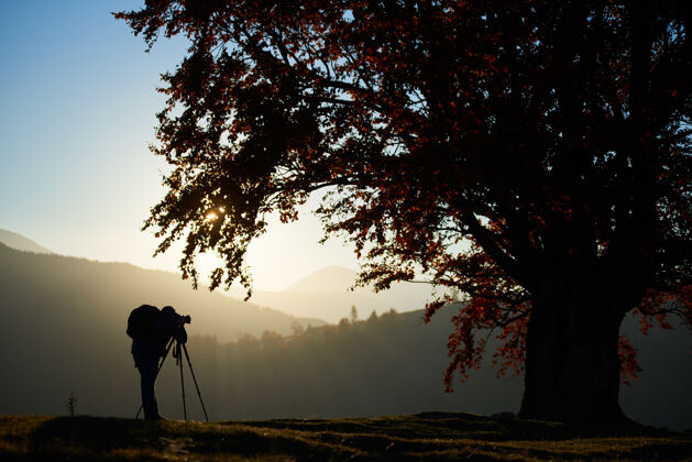 树徒步旅行者带着相机在大树下的山景背景下的草谷里时刻阳光摄影师