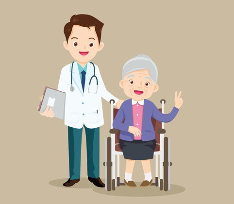 祖母老人坐在轮椅上 医生照顾微笑医生医药