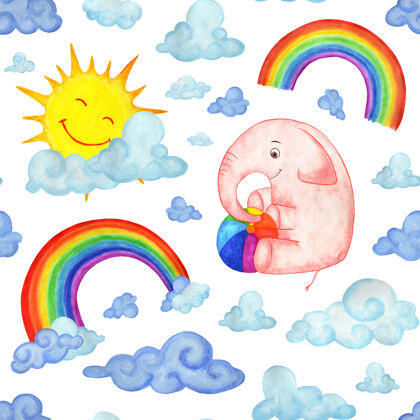 绘画水彩无缝图案粉红大象球 云 彩虹幻想婴儿童话