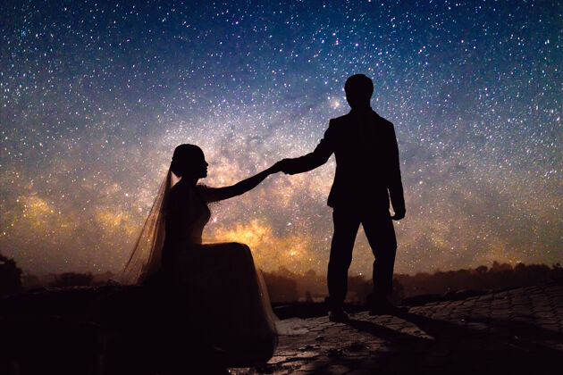 山丘剪影浪漫的新婚夫妇牵手在草地上 在银河与星星场天文学星云行星