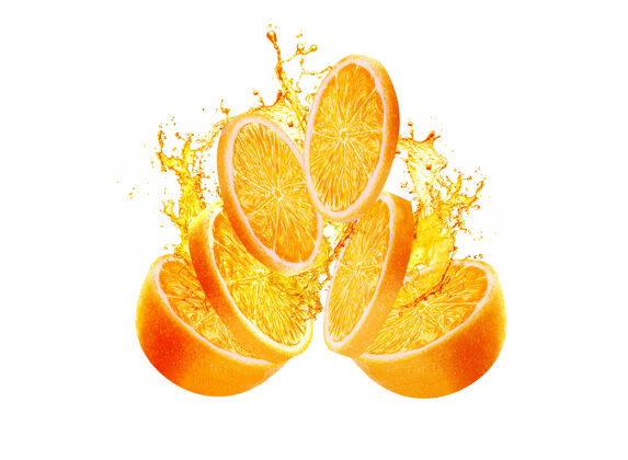 水漂亮的橘子片飞溅果汁橙子爆炸