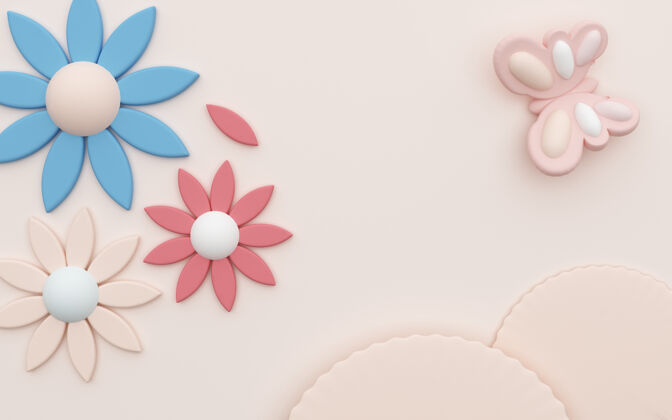 切割抽象的粉红色背景与茉莉花和蝴蝶装饰的三维效果图雏菊粉彩调色板蝴蝶