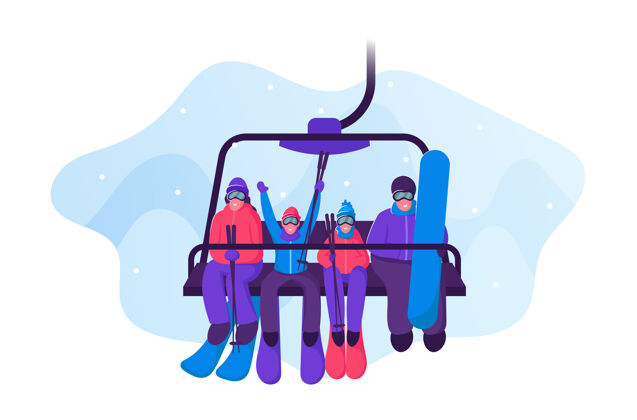 快乐快乐家庭带着滑雪和滑板设备登上滑雪缆车电梯.卡通平面插图季节孩子电梯