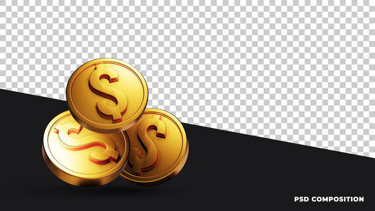 黄金硬币三维视觉构图隔离金钱闪亮三维渲染