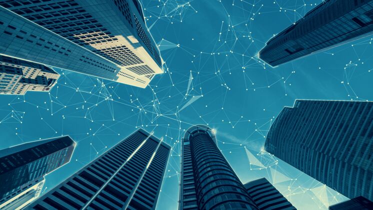 社交媒体全球化的智慧数字城市抽象图形展示连接网络通信云计算天际线