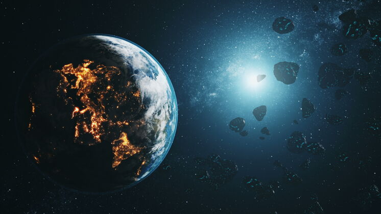 世界在外太空中 黑色小行星以蓝色星光从被照亮的真实行星地球上飞过3d动画科学技术观本产品的元素由美国宇航局提供太阳地图天空
