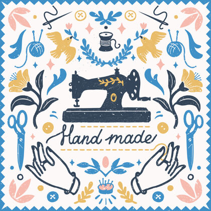 刺绣手工对称组成-邮票风格的复古元素和手工刻字的缝纫机手工艺品针织针