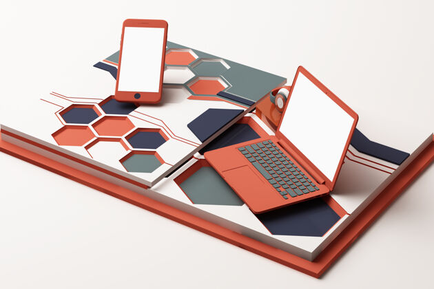 浮动笔记本电脑 智能手机和耳机与技术概念抽象组成的几何形状平台在橙色和蓝色三维渲染笔记本电脑3d笔记本电脑