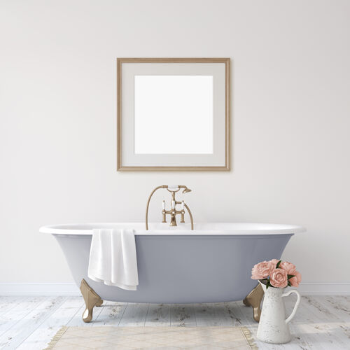 浪漫浪漫浴室.室内和框架模型3d渲染木材房间浴缸