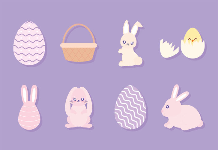 鸡蛋一套复活节图标的紫色背景矢量插图设计兔子插图多彩