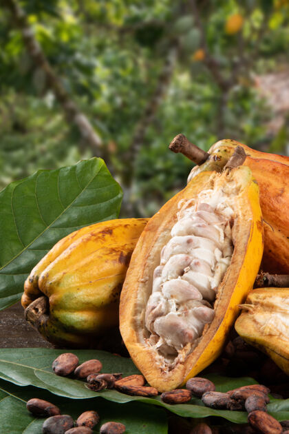南美以散焦可可种植园为背景 切割可可果实和生可可豆巧克力切片异国情调