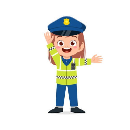 孩子快乐可爱的小女孩穿着警服管理交通警长手铐工作