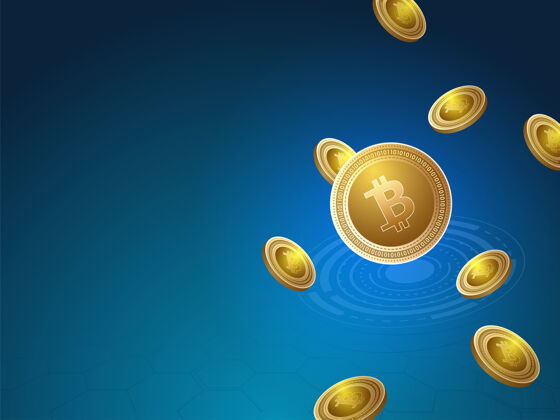 硬币3d金色比特币在蓝色未来背景上飞翔比特币商业黄金